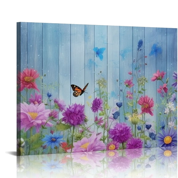 COMIO  Purple Floral Flowers Canvas Wall Art Pink Botanical Butterfly Painting Watercolor Landscape Picture Large Artwork Framed for Bedroom Bathroom Living Room Farmhouse Office Home