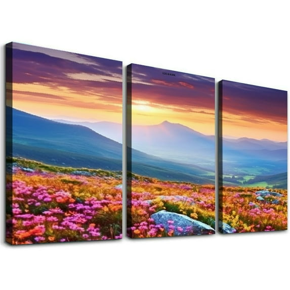 COMIO Purple Mountain Fall Canvas Wall Art Landscape Picture Prints Modern Painting, Wildflowers Scenery Artwork Framed for Living Room Bedroom Bathroom Wall Decor 12''x16''X3 Panels