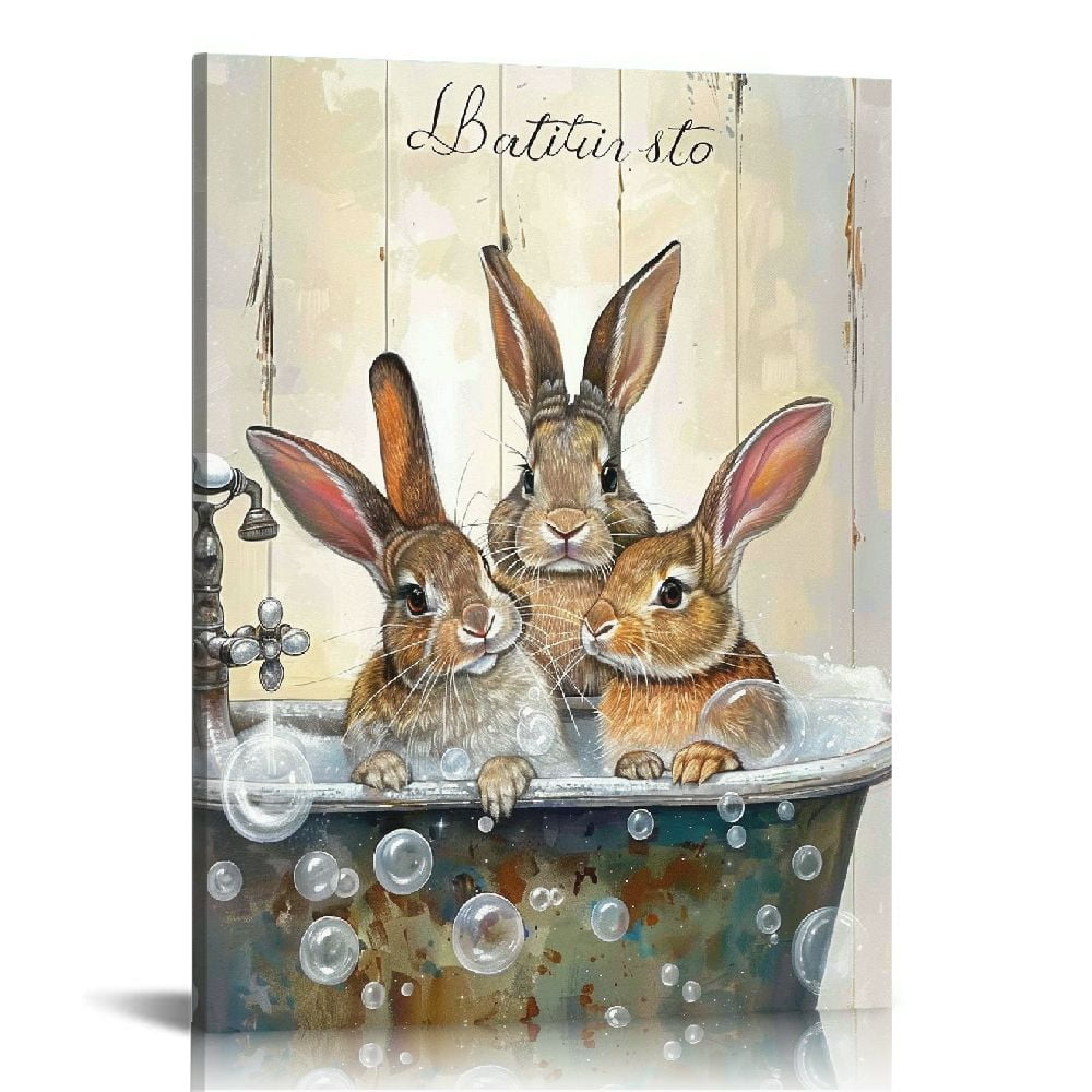COMIO Rabbit Bathroom Wall Art Funny Bathtub Pictures Wall Decor Easter Bunny Canvas Prints Framed Modern Cute Animals Painting Artwork for Bath Lavatory Washroom Restroom Living Room