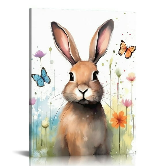 COMIO  Rabbit With Butterflies On Its Head Easter Poster Decor Painting Animal Canvas Aesthetic Farmhouse Wall Art Living Room Bedroom Home Watercolor Picture Artwork