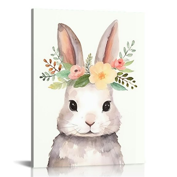 COMIO Rabbit Canvas Wall Art Nursery Artwork Canvas Animal Picture With Flowers Cute Wall Art Bunny Funny Animal Picture Wall Decor Bunny Nursery Picture Cute Rabbit Poster Painting 12x16inch
