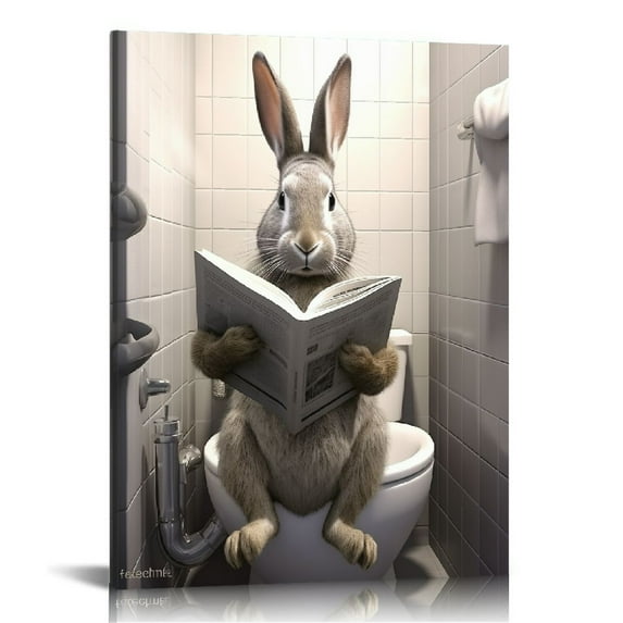COMIO  Rabbit Canvas Wall Art for Bathroom Decor Funny Rabbit Sitting on Reading Newspaper Poster Prints for Home Decor
