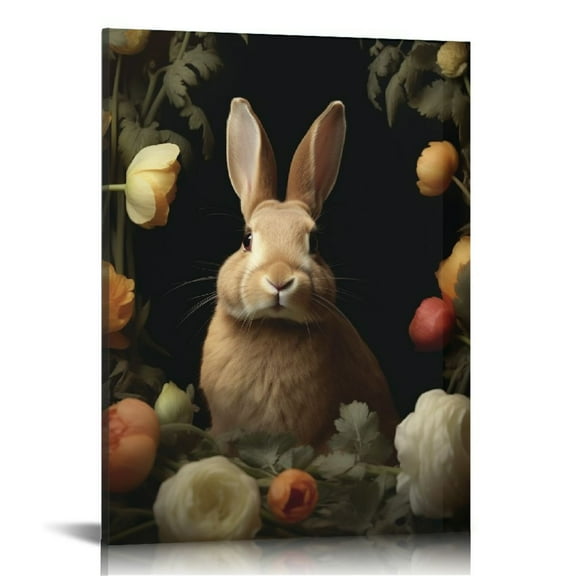 COMIO Rabbit Prints Wall Art Vintage Gothic Art Prints Bunny With Flowers Picture Dark Academia Wall Posters Forest Animal Canvas Vintage Bunny Painting Academia Artwork Dark Gothic Art