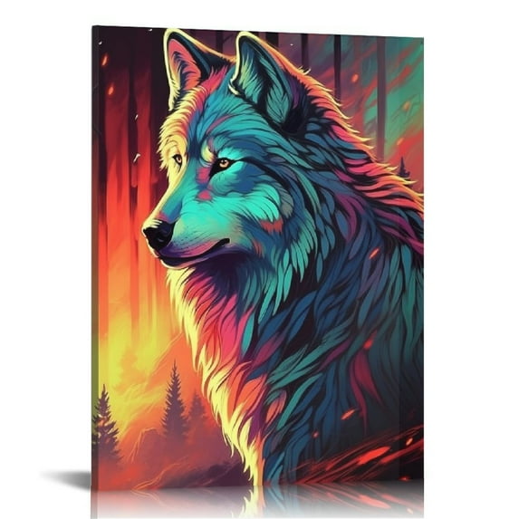 COMIO Rainbow Colored Wolf In Forest Wall Art Canvas Prints Decorative Forest Poster Aesthetic Nature Picture Decor Painting Art for Home Room Livingroom Bedroom