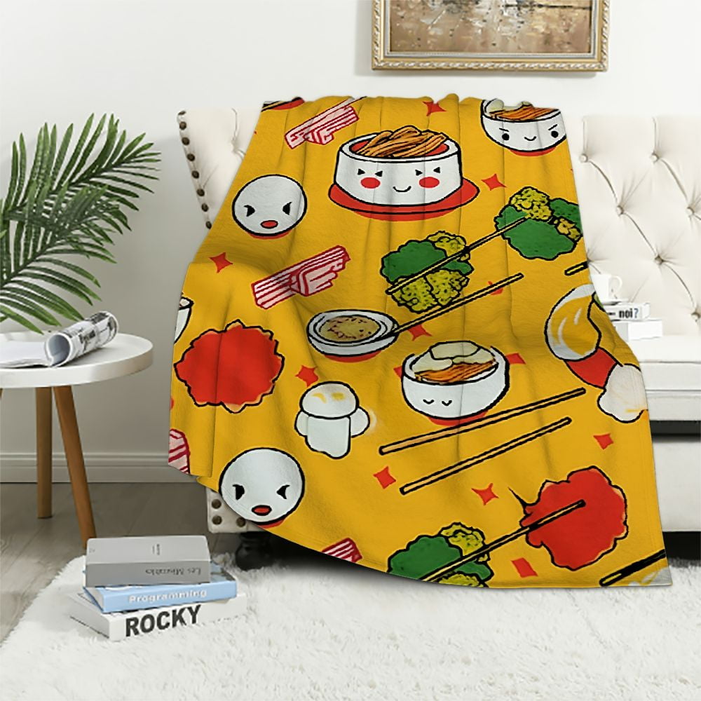 COMIO Ramen Blanket Cute Ramen Noodle Soup Japanese Food Yellow Blanket Throw for Kids Adults