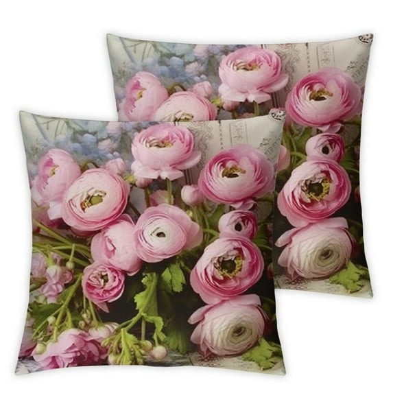 QZHH Rectangular Throw Pillow Cover Shabby Chic Cottage Pink Floral Ranunculus Peonies Roses Print Home Decor Square Cushion Pillowcase 2Pcs