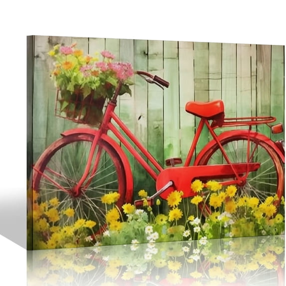 COMIO Red Bike In Grass With Wood Grain Wall Art Picture Canvas Posters Print Modern Bicycle Artwork Framed For Living Room Bedroom Wall Painting Home Decor, 20x16 Inch