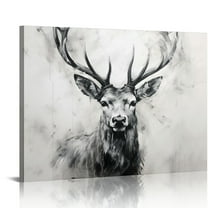 COMIO Red Deer Canvas Wall Art Rustic Elk with Big Antlers Hand Painted Animal Head Picture Grey and White Hunting Artwork Painting for Living Room Home Office Decorations