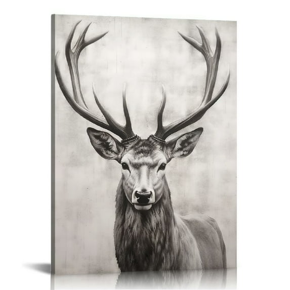 COMIO Red Deer Canvas Wall Art Rustic Elk with Big Antlers Painted Animal Head Picture Grey and White Hunting Artwork Painting for Living Room Home Office Decorations
