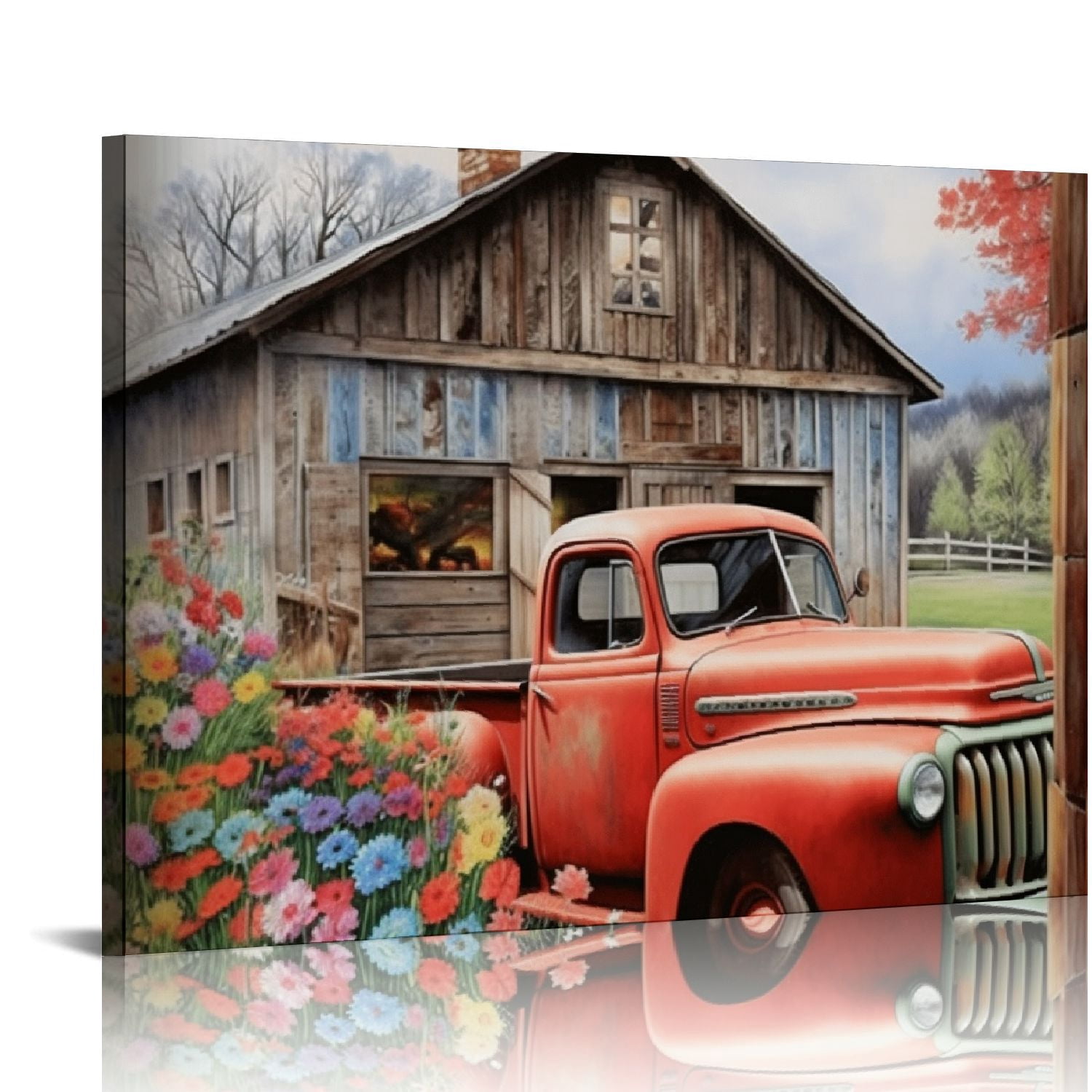 COMIO Red Truck and Farmhouse Barn Canvas Wall Art Christian Truck ...