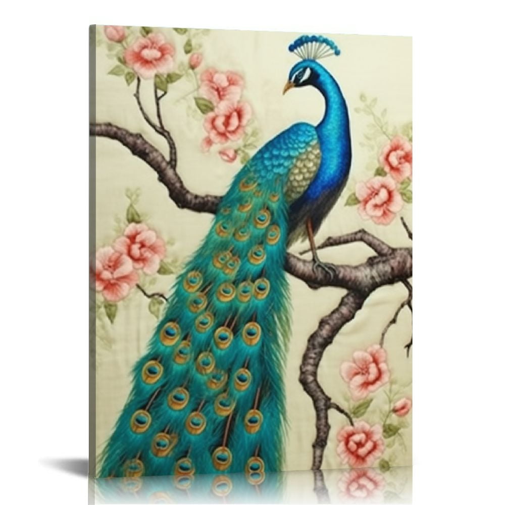 COMIO Retro Blue Peacocks Standing On Peach Blossom Tree Canvas Art