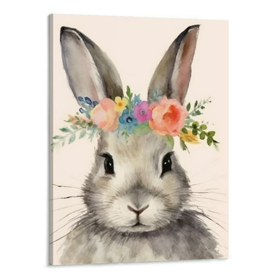 COMIO Retro Bunny Rabbit Canvas Wall Art Country Animal Painting Cute Rabbit with Garland Wall Décor Home Artwork for Nursery Decor Bathroom Bedroom Kitchen Kid's Room Decoration - 16x20 Inch