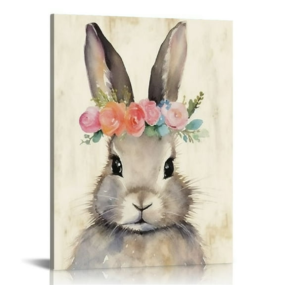 COMIO Retro Bunny Rabbit Canvas Wall Art Country Animal Painting Cute Rabbit with Garland Wall Décor Home Artwork for Nursery Decor Bathroom Bedroom Kitchen Kid's Room Decoration Framed