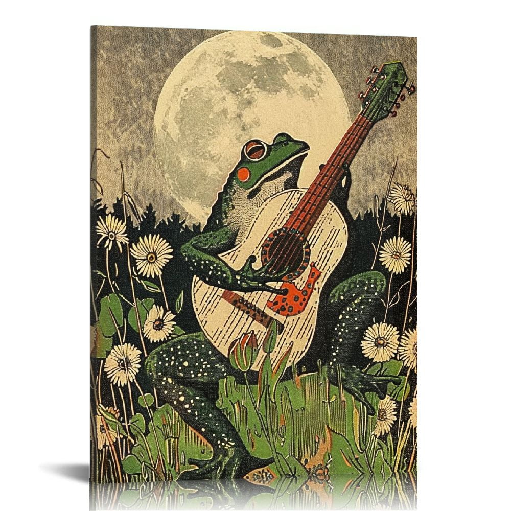Retro Frog Playing Banjo Funny Canvas Wall Art 12" x 16"