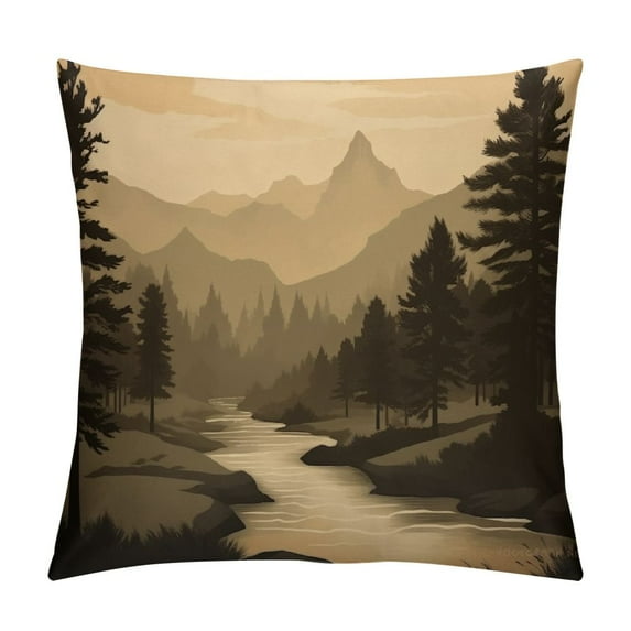 COMIO River Throw Pillow Cushion Cover, Nature Theme The Silhouette of The Mountains Trees and River Landscape Print, Decorative Square Accent Pillow Case, Pale Brown