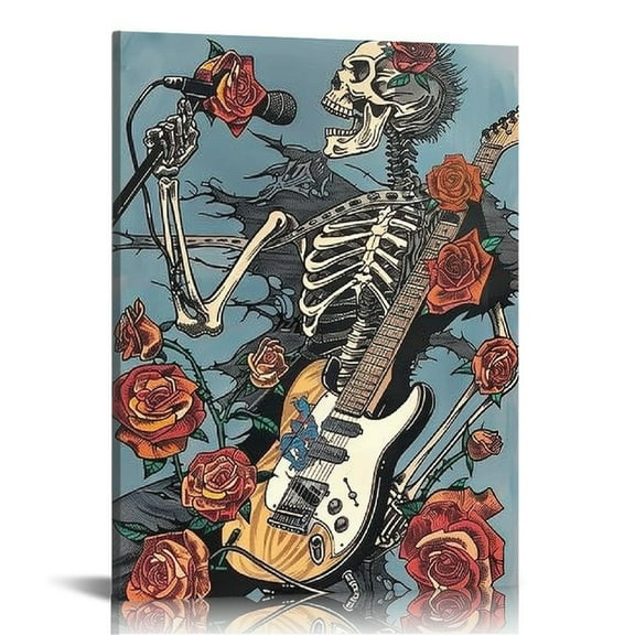 COMIO Rock Skull Poster, Skull Guitarist Wall Art, Easter Wall Music Decoration, Gothic Decor Canvas Print, Living Room, Bedroom, Bar, Music Studio, Party Wall Decor