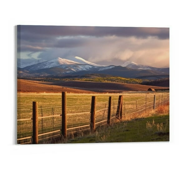 COMIO Rocky Mountain Canvas Wall Art (Ready to Hang) Gallery Wrap of Snowy Peak Overlooking Valley on Autumn Morning in Montana Farm and Ranch Photography Western Decor - 20x16 Inch