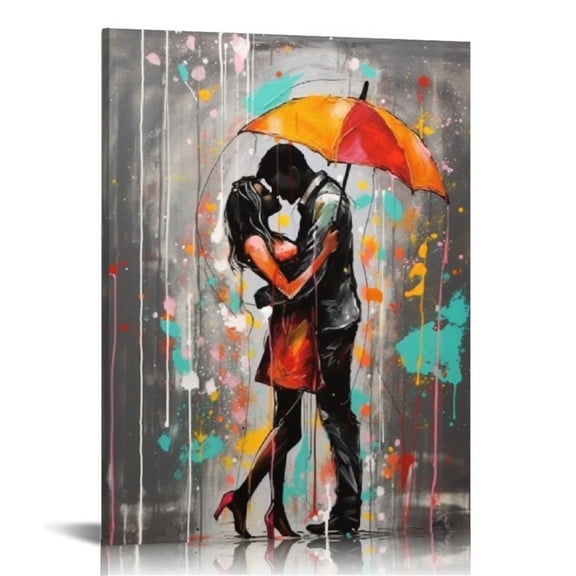 COMIO  Romantic Couple Wall Art Dancing Under Red Umbrella Canvas Valentine's Day Gifts Paintings Rain Lover Artwork Prints for Home Couple's Room Decor Ready to Hang (Small)
