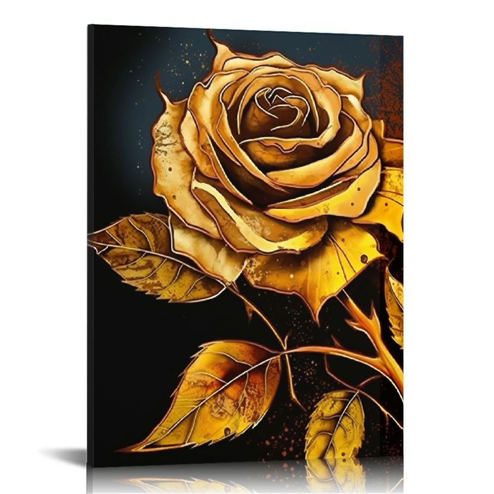 COMIO Rose Flower Painting Canvas Wall Art Black and Gold Abstract ...