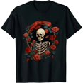 thumbnail image 1 of COMIO Rose Skeleton Skull Hand Red Flower rose T-Shirt, 1 of 3