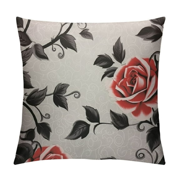 COMIO Roses Flower Decorative Square Throw Pillow Cover Red Floral Black Stems Leaf Twig Blossom Grunge Art Decorative Pillow Case Cushion Cover for Sofa Bed Chair Couch