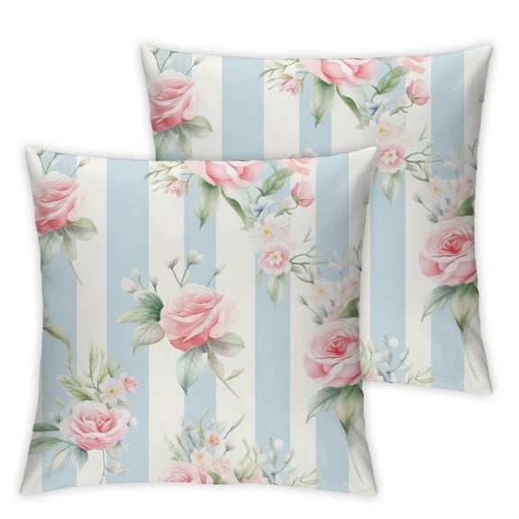 YANMS Roses and Stripes Throw Pillow Case Cute Shabby Textile Or Bed Fabric Pillow Cushion Cover Home Sofa Decorative 2Pcs White