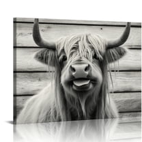COMIO Rustic Black and White Funny Highland Cow Wall Art Canvas Poster, 16x12 Inch Unframed, Farmhouse Longhorn Canvas Wall Art Decor Poster for Bedroom Bathroom Living Room Wall Art Decor