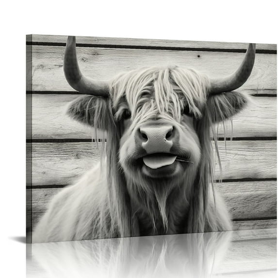 COMIO Rustic Black and White Funny Highland Cow Wall Art Canvas Poster, 16x12 Inch Unframed, Farmhouse Longhorn Canvas Wall Art Decor Poster for Bedroom Bathroom Living Room Wall Art Decor