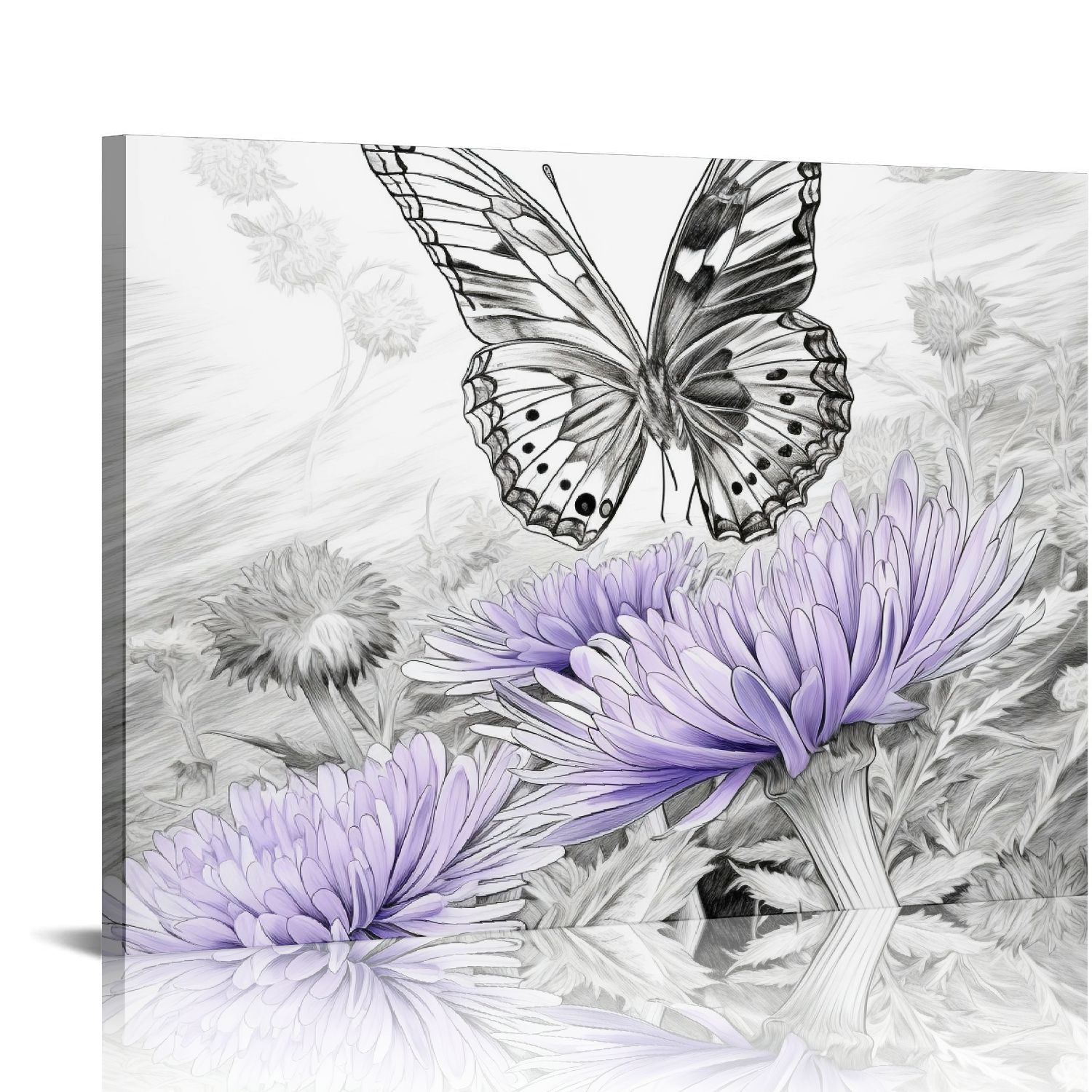 COMIO Rustic Dandelion Butterfly Canvas Wall Art Wish Flowers Navy Blue