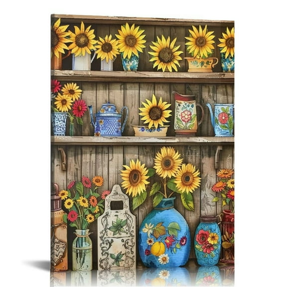 COMIO Rustic Kitchen Wall Art - Farmhouse Canvas Art Flowers Picture for Dining Room Wall Decor, Vintage Kitchen Sayings Canvas Print, Kitchen Painting Framed Artwork for Country Home Decor