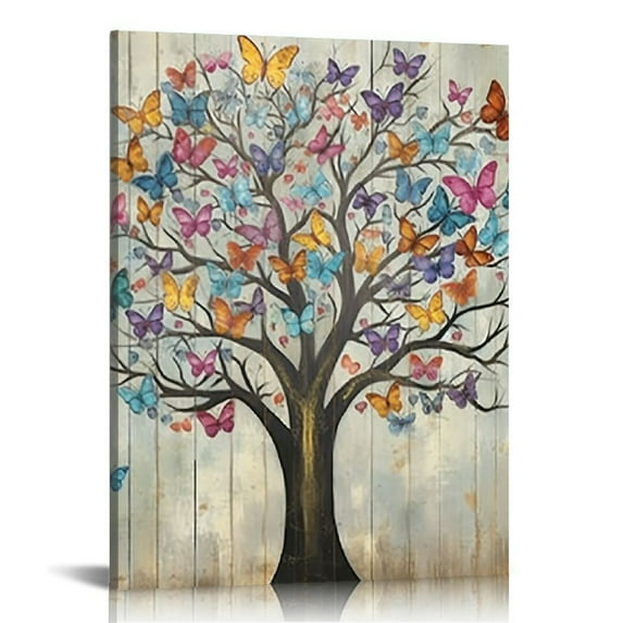 COMIO Rustic Life Tree Wall Art Colorful Butterfly on Tree Canvas Painting Prints Creative Vintage Tree Artwork for Farmhouse Bedroom Dining Room Wall Decor