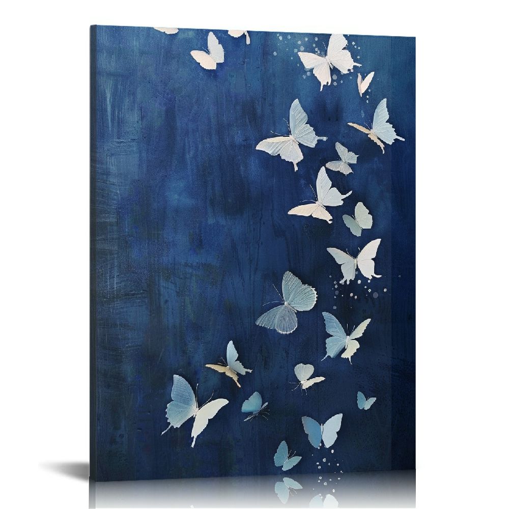 COMIO Rustic Navy Dandelion Butterfly Canvas Wall Art Wish Flowers