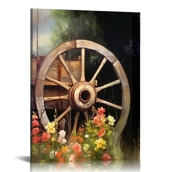 COMIO Rustic Western Wall Art Decor Vintage Wheel Painting Canvas Cowboy Guitar Picture Poster Farm Country Scenic Theme Art Prints Easy to Hang 16x20 inch