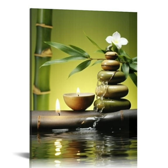 COMIO SPA Stone Zen Wall Art - Green Bamboo Picture Prints Canvas Massage Treatment Poster Artworks Modern Framed Paintings 16x20 Inches for People Home Bedroom Bathroom Living Room Decoration