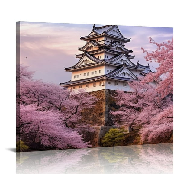 COMIO Sakura Blossom Canvas Wall Art Oriental Cherry Landscape Painting Poster Japanese Temple Scenery Prints Picture Pink Romantic Bedroom Decor Nature Artwork for Living Room Decoration