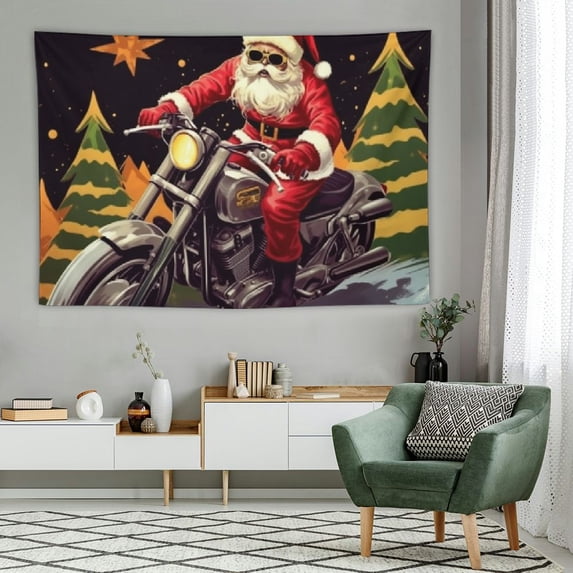 COMIO Santa Claus Riding Motorcycle Tapestry - Festive Home Decor Tapestries for Living Room and Bedroom Decor Santa Motorcycle Scene