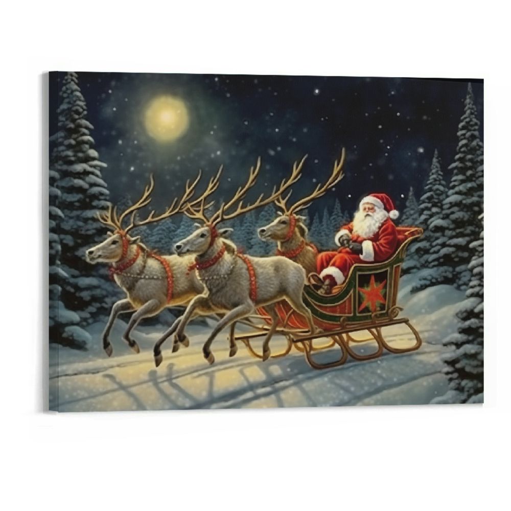 COMIO Santa Claus Sleigh Ride Lighted Canvas Wall Art Print With Timer
