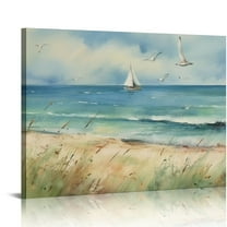 COMIO Sea Beach Canvas Wall Art Vintage Seascape Canvas Prints Wall Decor Ocean Sailboat Canvas Pictures Seagull Bird Reed Canvas Painting Artwork for Living Room Bedroom Office Decoration