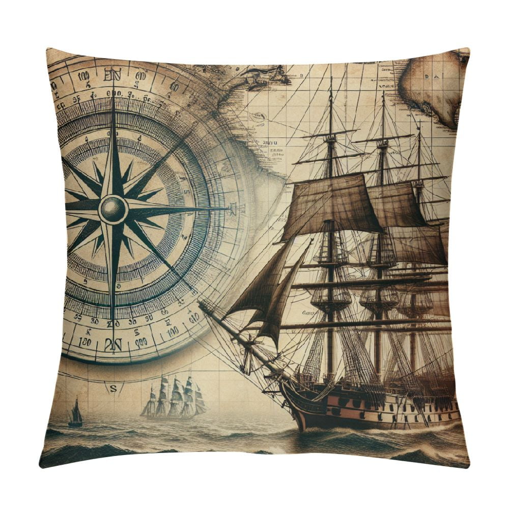 COMIO Sea Map Compass Throw Pillow Cover Cases World Boat Sailing Ship