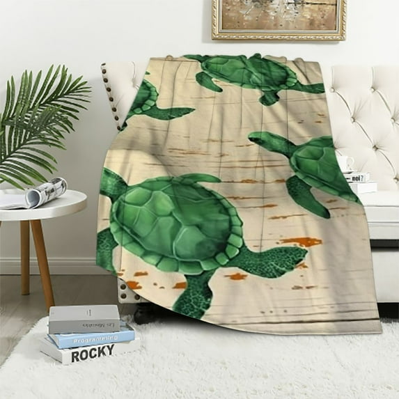 COMIO Sea Turtle Beach Throw Blanket, Turtles and Starfish at Ocean Sandy Beach on Rustic Vintage Teal Wood Board Farmhouse Flannel Blanket, Sea Creatures Nautical Life Soft Blanket