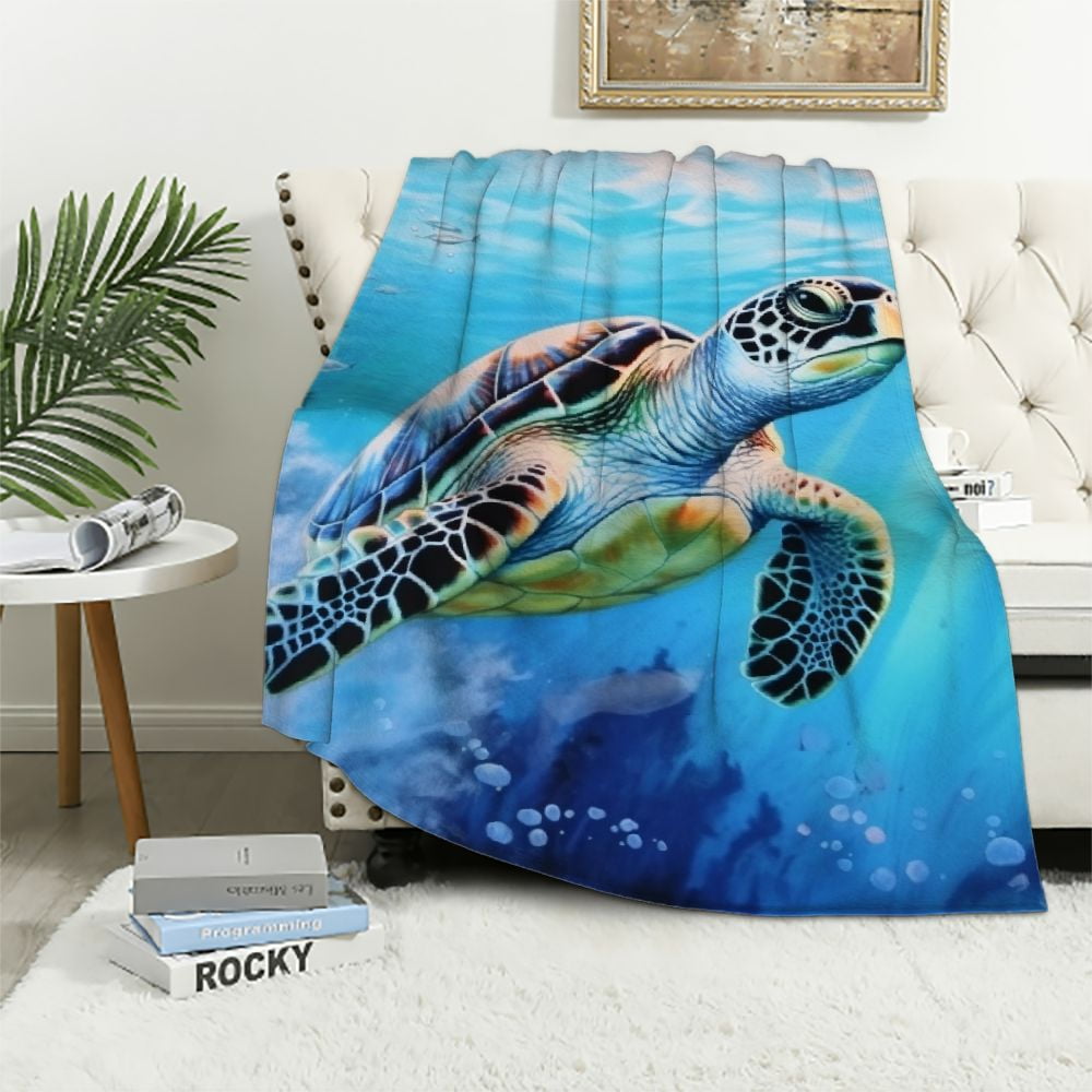 Blue Hawaiian Sea Turtle Pattern Print Blanket
