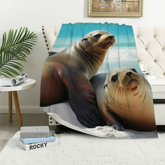 COMIO Seal Throw Blanket Beach Animal Themed Warm Plush Blanket for Sofa Couch Bed Cute Ocean Marine Creature Sherpa Blanket Lovely Sealife Fuzzy Blanket Room Decor Throw