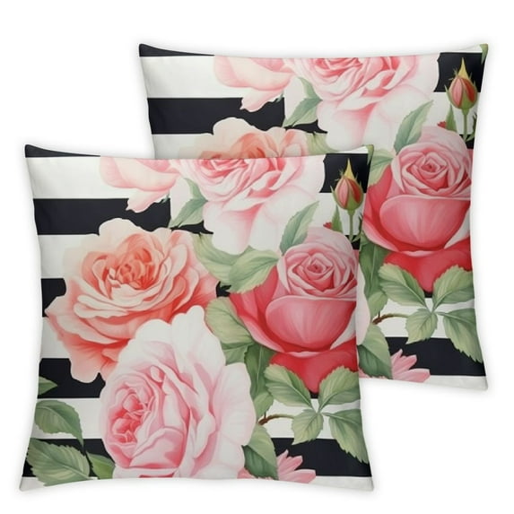 COMIO Set of 2 Throw Pillow Covers Colorful Floral Peony and Roses Black and White Stripes Flower Pink Abstract Decorative Cushion Case Home Decor Square Pillowcase White