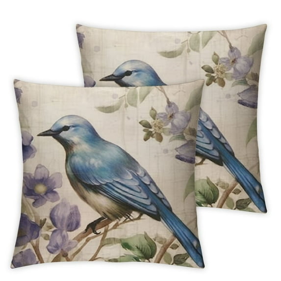 COMIO  Set of 2 Vintage Ink Painting Blue Bird Robin and Flower Throw Pillow Cover Case Cushion Cover for Couch Sofa Home Decoration Square Pillowcase White