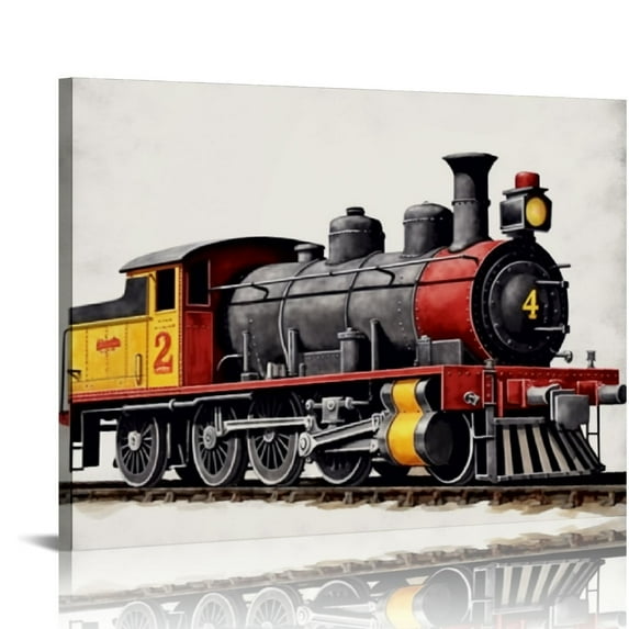 COMIO Set of Retro Red Steam Train Nursery Vehicle Art Posters Canvas Wall Art & Tabletop Home Kids Bedroom Decoration, Watercolor Locomotive Train Caboose Prints Easel & Hanging Hook