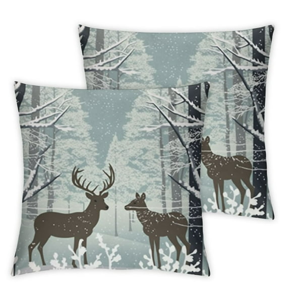 COMIO Short Plush Winter Wildlife Deer Reindeer Snowflake Tree Ivory Blue Lumbar Pillowcase Set of 2 White