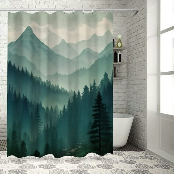 COMIO Shower Curtain for Bathroom Beautiful Green Mountain Landscape Rustic White