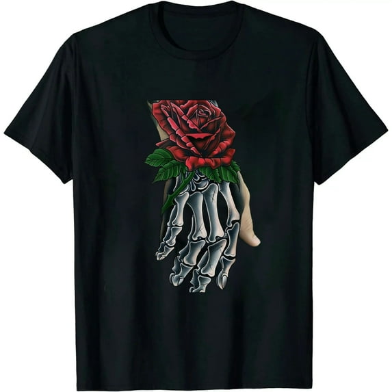 COMIO Skeleton Hand Red Rose Flower T-Shirt