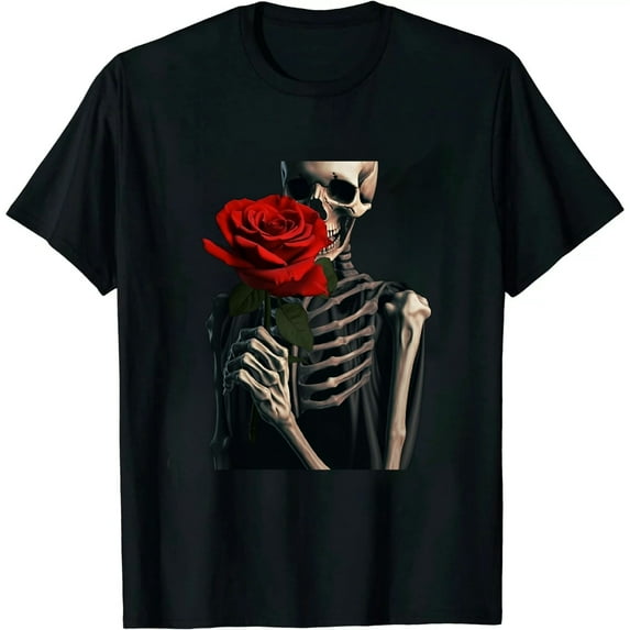 COMIO Skeleton Hand Red Rose Flower T-Shirt