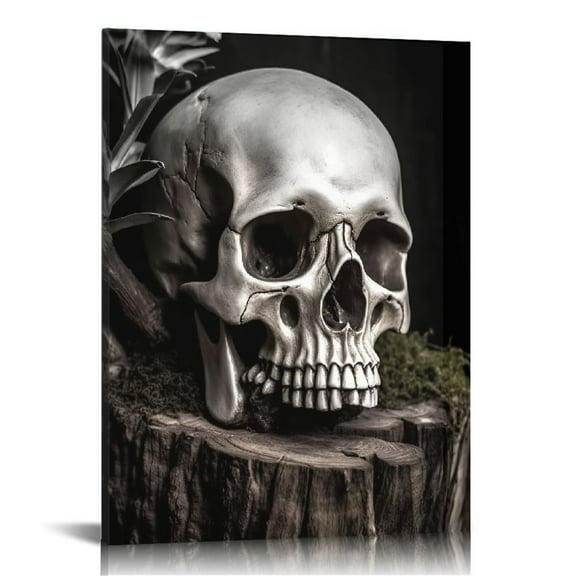 COMIO Skull Painting Day of the Dead Wall Art Black White Skull Flower Wall Picture Gothic Skeleton Canvas Gallery Wrapped 16x20in
